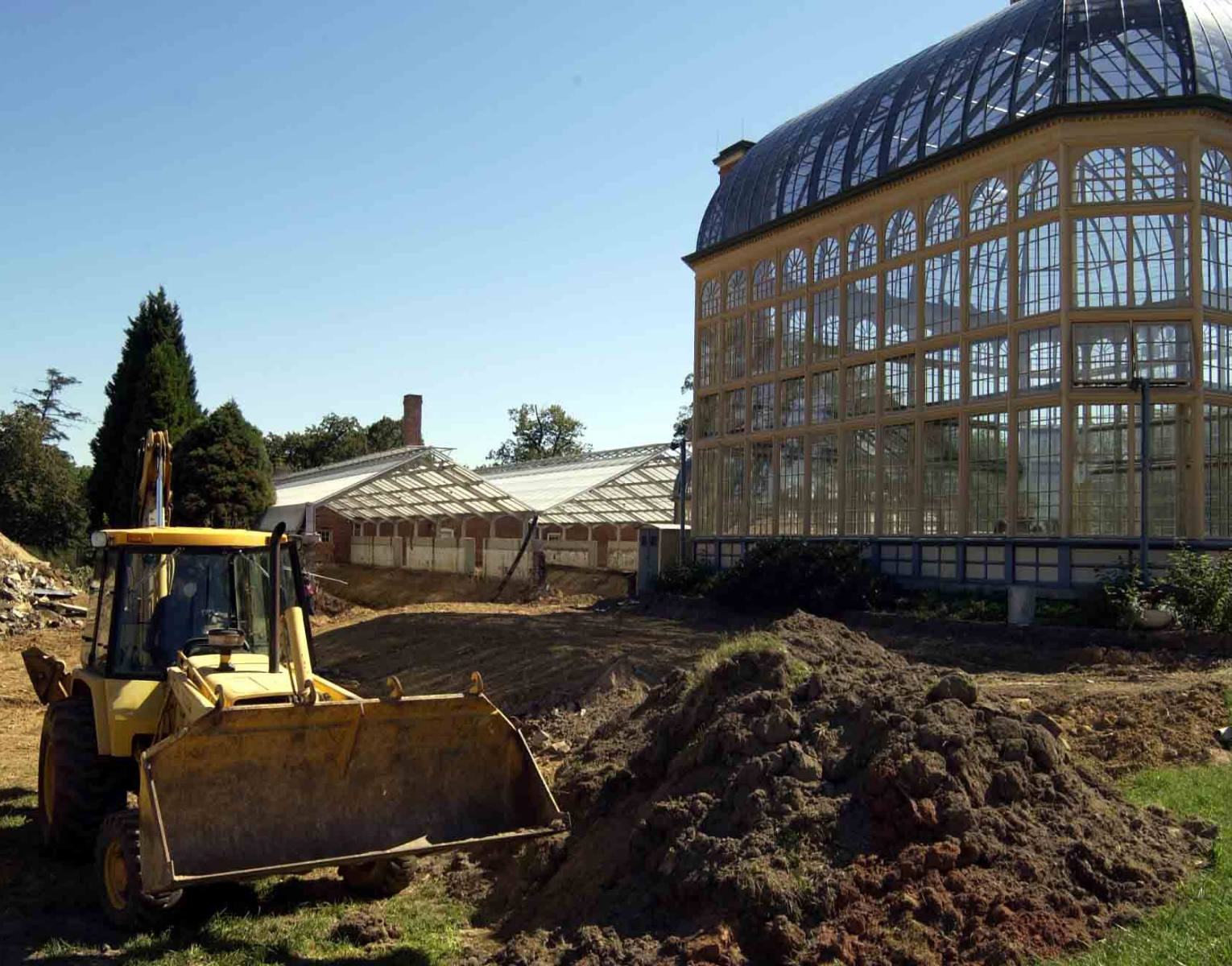 Bulldozer beside a mound of earth next to the Palm House with empty greenhouses in the background
