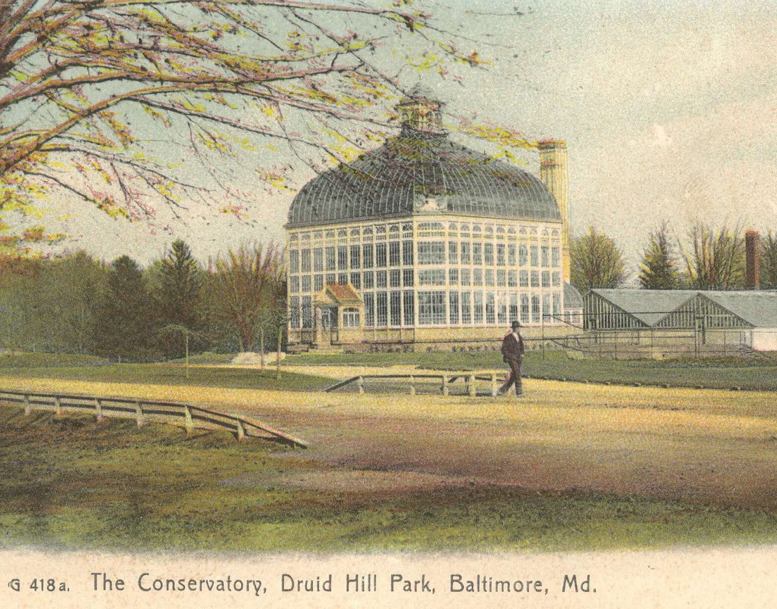 A man in a suit walking in front of the Conservatory on a vintage postcard