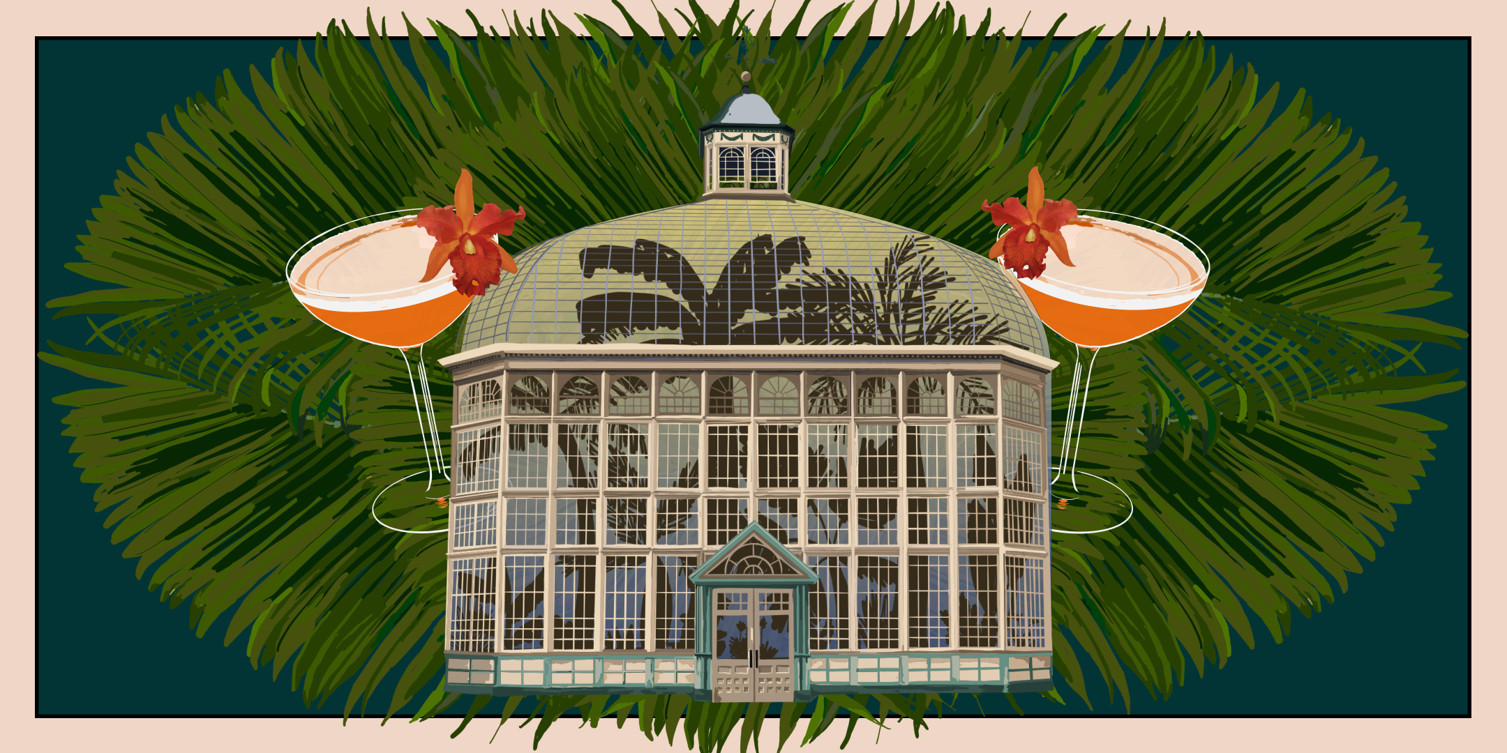 An image created for the Cocktails at the Conservatory event. Palm fronds frame the image of a cocktail, with a tiny version of the Palm House as a garnish.
